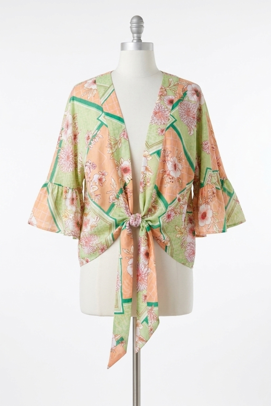 NEW EASEL floral peach blossom kimono tie shrug top in sage & coral